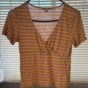 Moral Fiber Woman’s Striped V-Neck Tee - Pink and Yellow